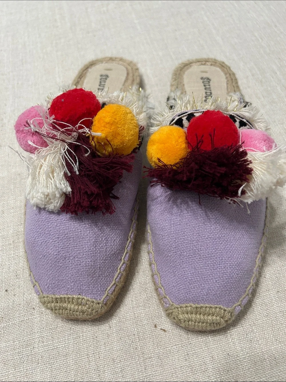 Soludos Coco Espadrille Slides Lavender Pom Pom Bohemian Tassel Summer Jute Sz 8
